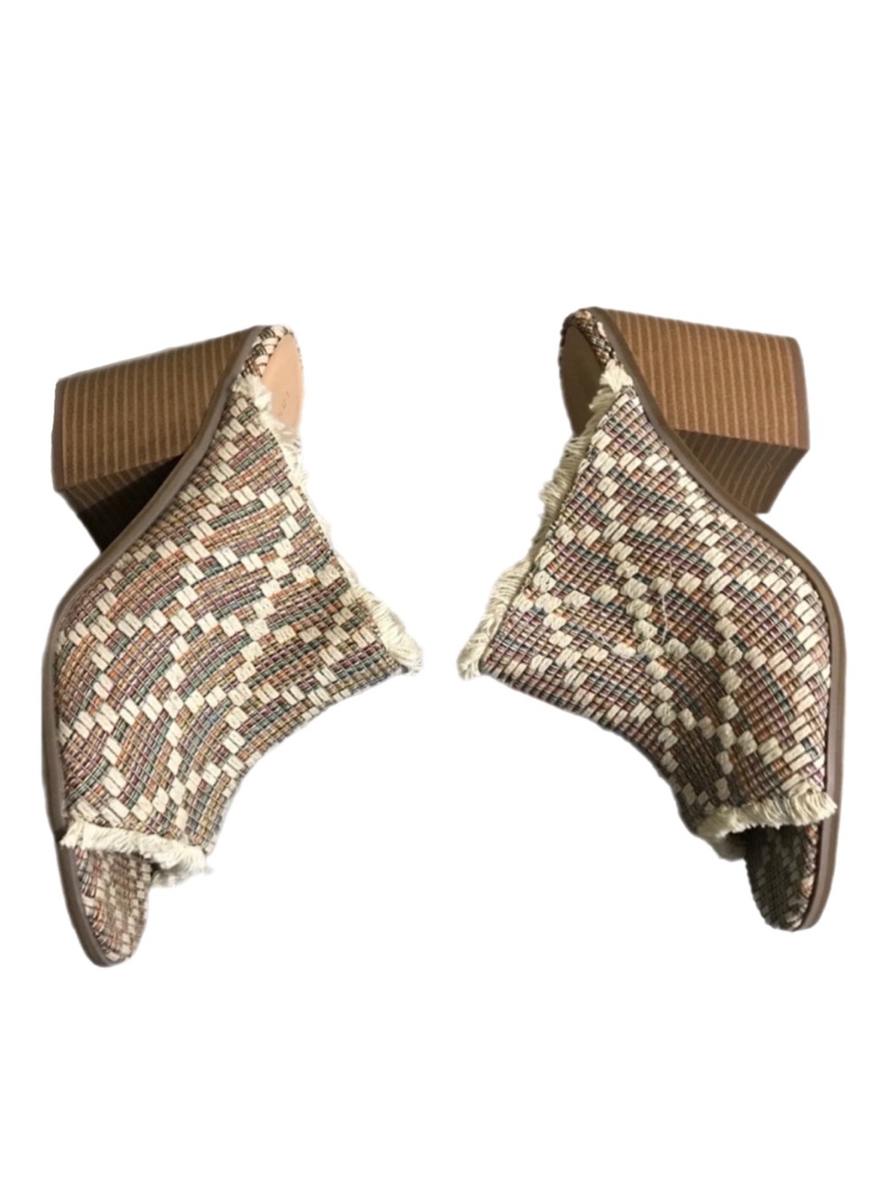 London Rag Maya Tweed Tapestry Slip On Chunky Block Heel Mules Sandals Peep Toe